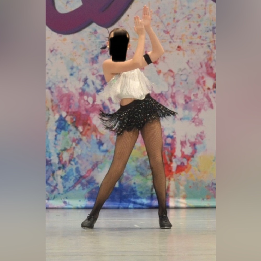 Black and white fringe dance costume with sequins